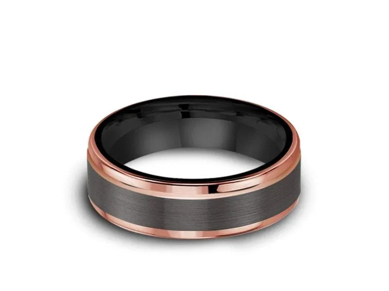 6MM Brushed GRAY GUNMETAL Tungsten Wedding Band ROSE GOLD EDGES AND BLACK INTERIOR
