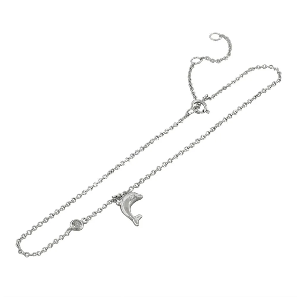 925 Sterling Silver Bezel-Set CZ Dolphin Womens Link Chain Anklet Bracelet