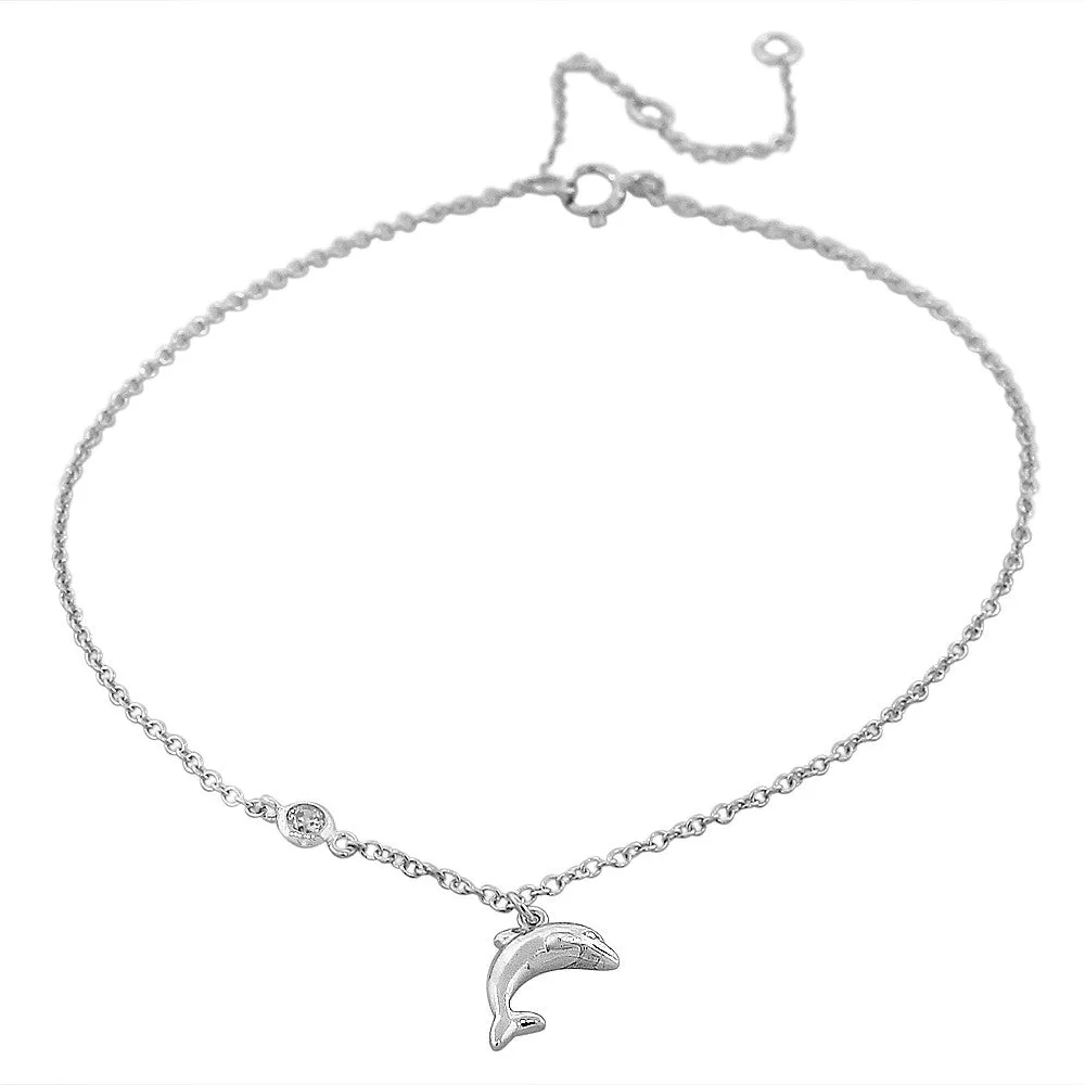 925 Sterling Silver Bezel-Set CZ Dolphin Womens Link Chain Anklet Bracelet