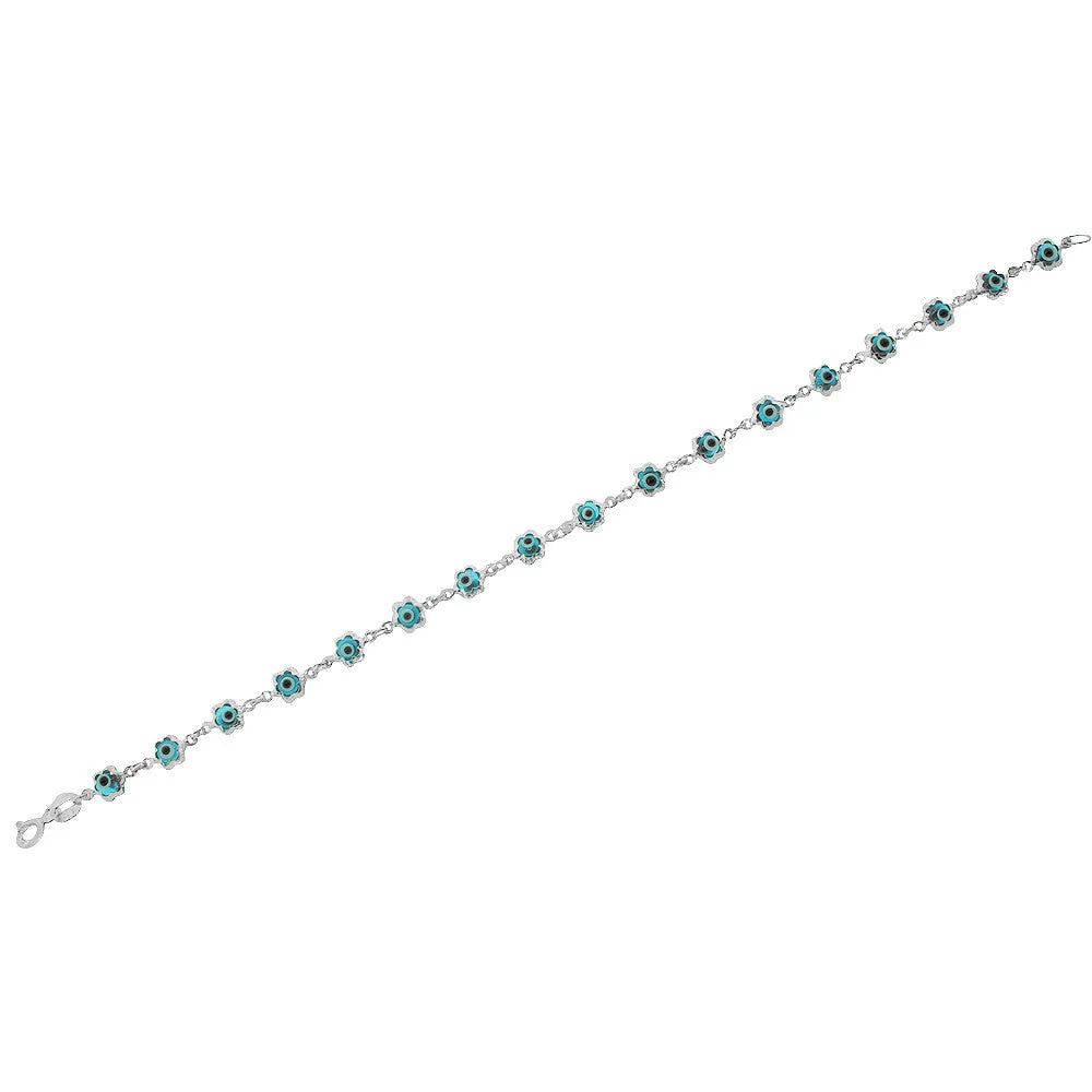 925 Sterling Silver Blue Evil Eye Flower Protection Link Chain Bracelet