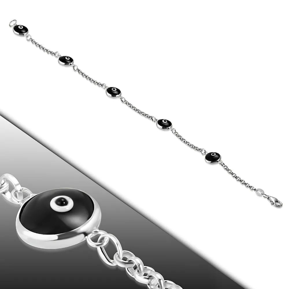 925 Sterling Silver Blue Evil Eye Protection Link Chain Bracelet, 7.5"