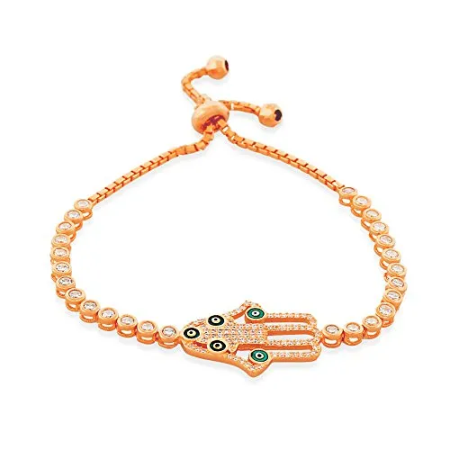 925 Sterling Silver White CZ Hamsa Evil Eye Womens Link Chain Bracelet
