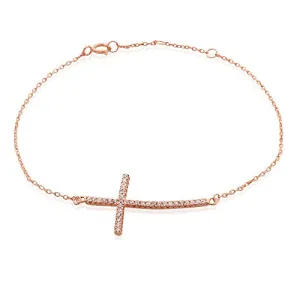 925 Sterling Silver White CZ Sideways Cross Link Chain Bracelet