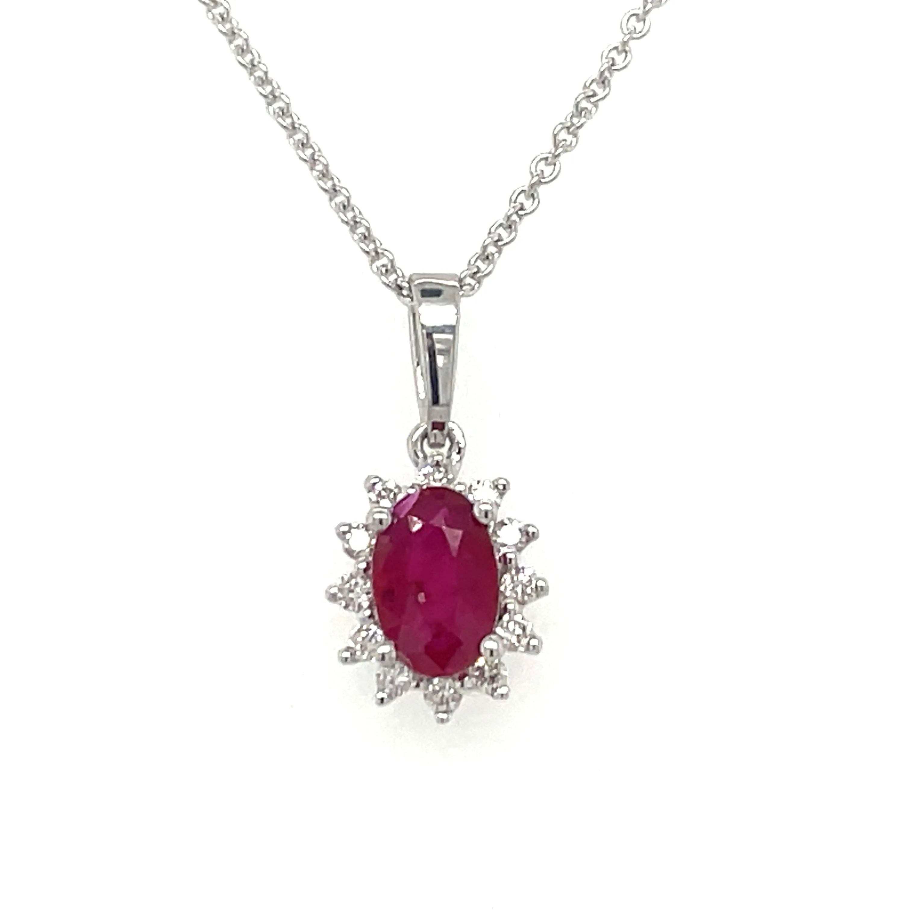 9ct White Gold Earth Grown Princess Di Style Ruby & Diamond Pendant