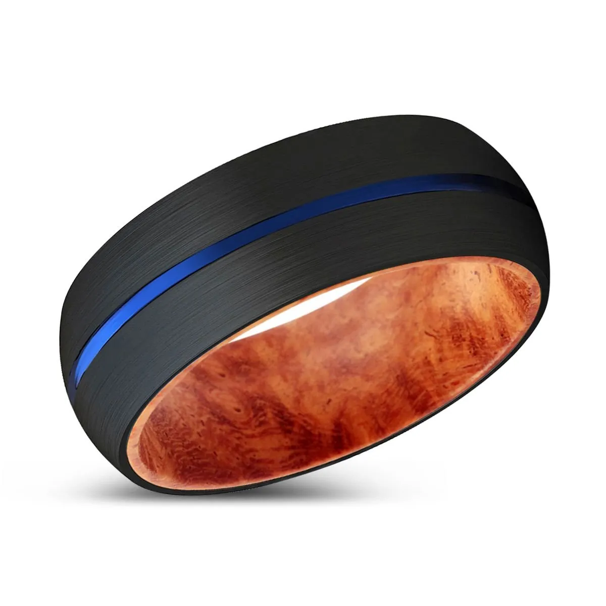 ALFRED | Red Burl Wood, Black Tungsten Ring, Blue Groove, Domed