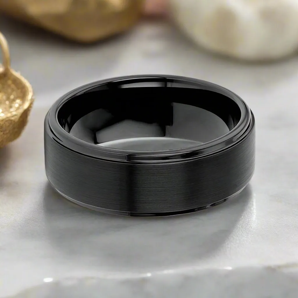 ALLIANCE | Black Tungsten Ring, Brushed, Stepped Edge