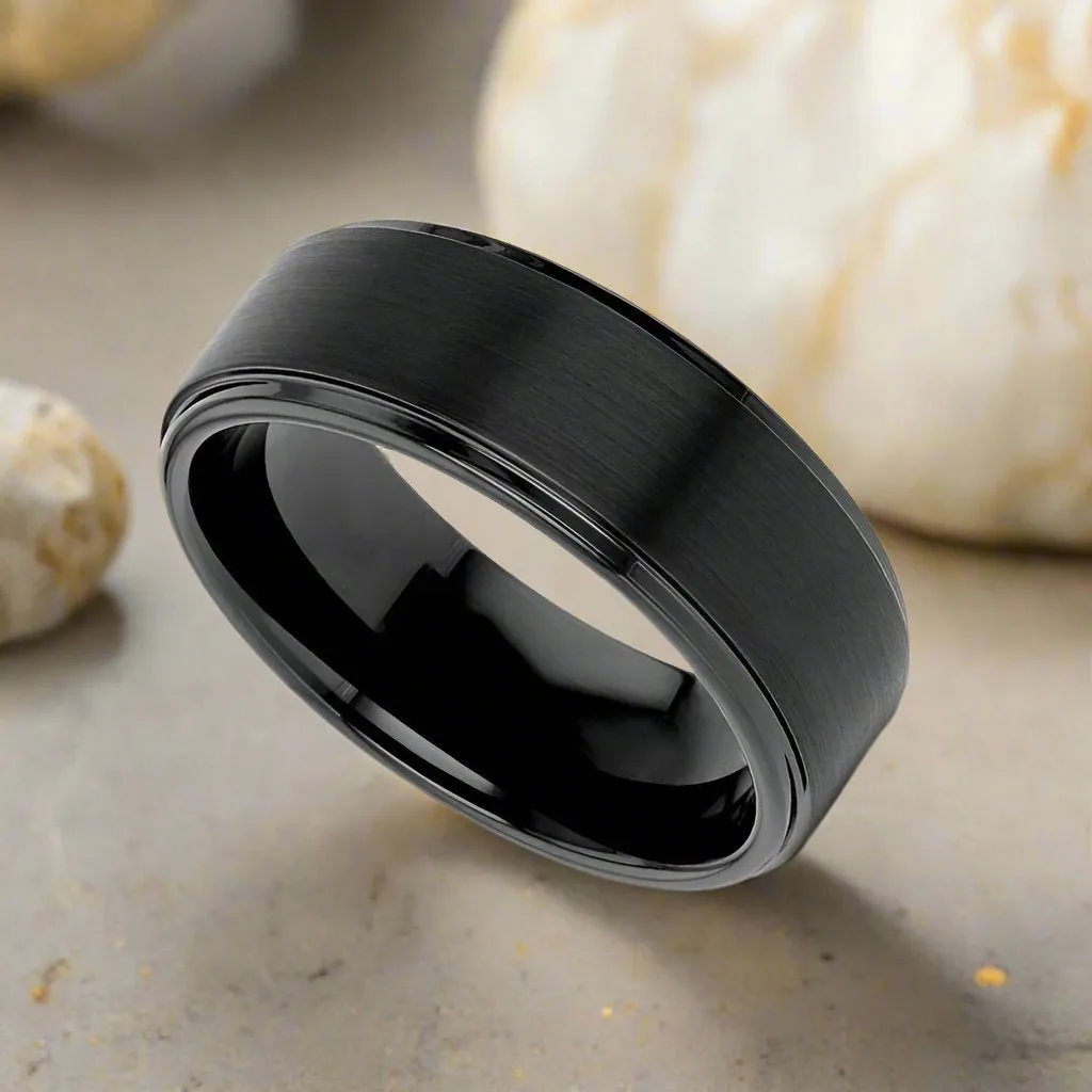 ALLIANCE | Black Tungsten Ring, Brushed, Stepped Edge