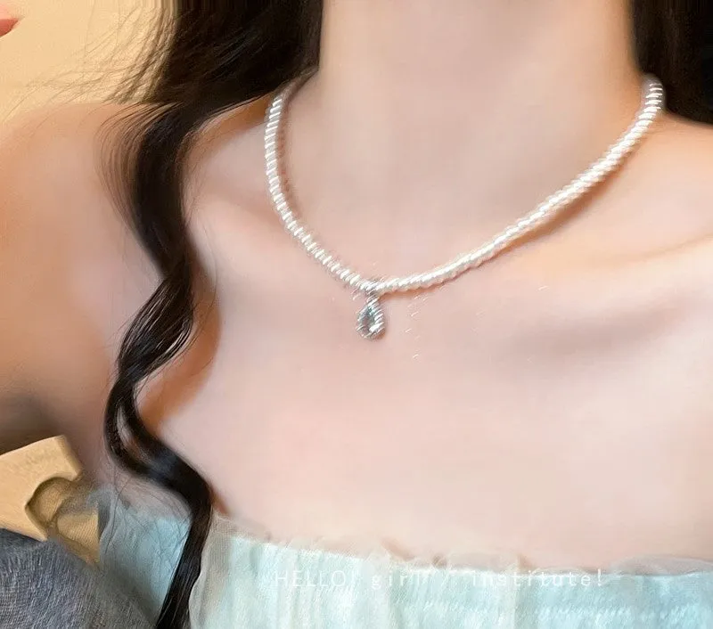 Aquamarine Blue Tear Drop Pearl Pendant Necklace