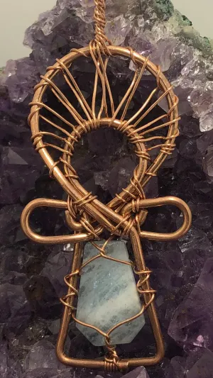 Aquamarine Copper Ankh Pendant