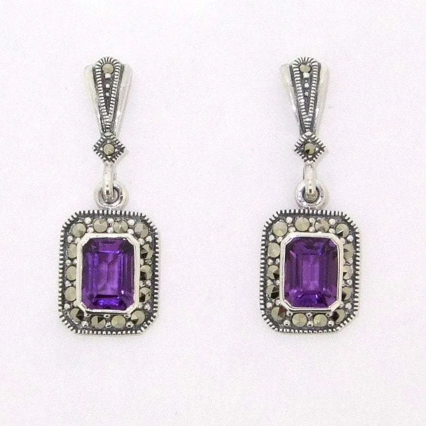 Art Deco Amethyst Earrings Silver Marcasite Square Purple Crystal