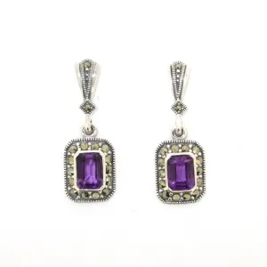 Art Deco Amethyst Earrings Silver Marcasite Square Purple Crystal