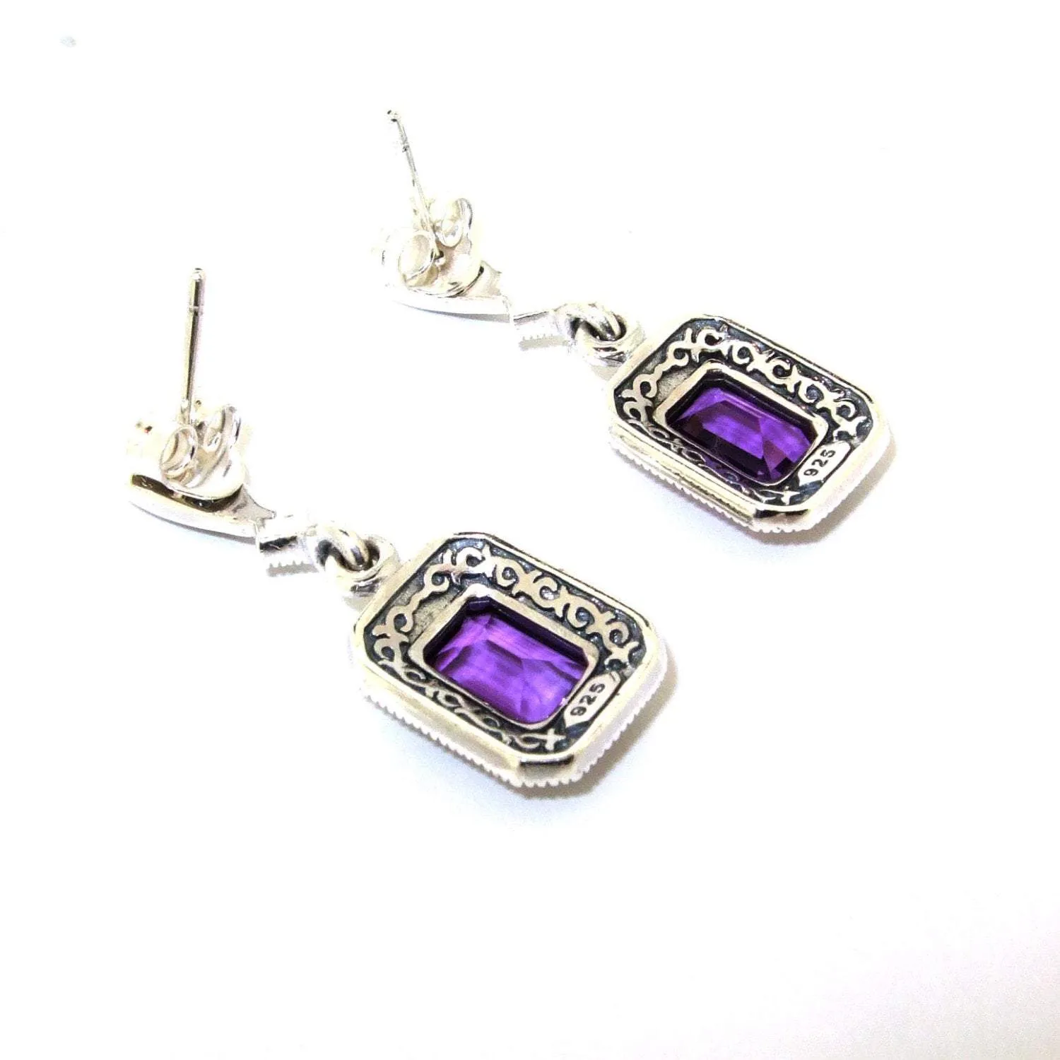 Art Deco Amethyst Earrings Silver Marcasite Square Purple Crystal