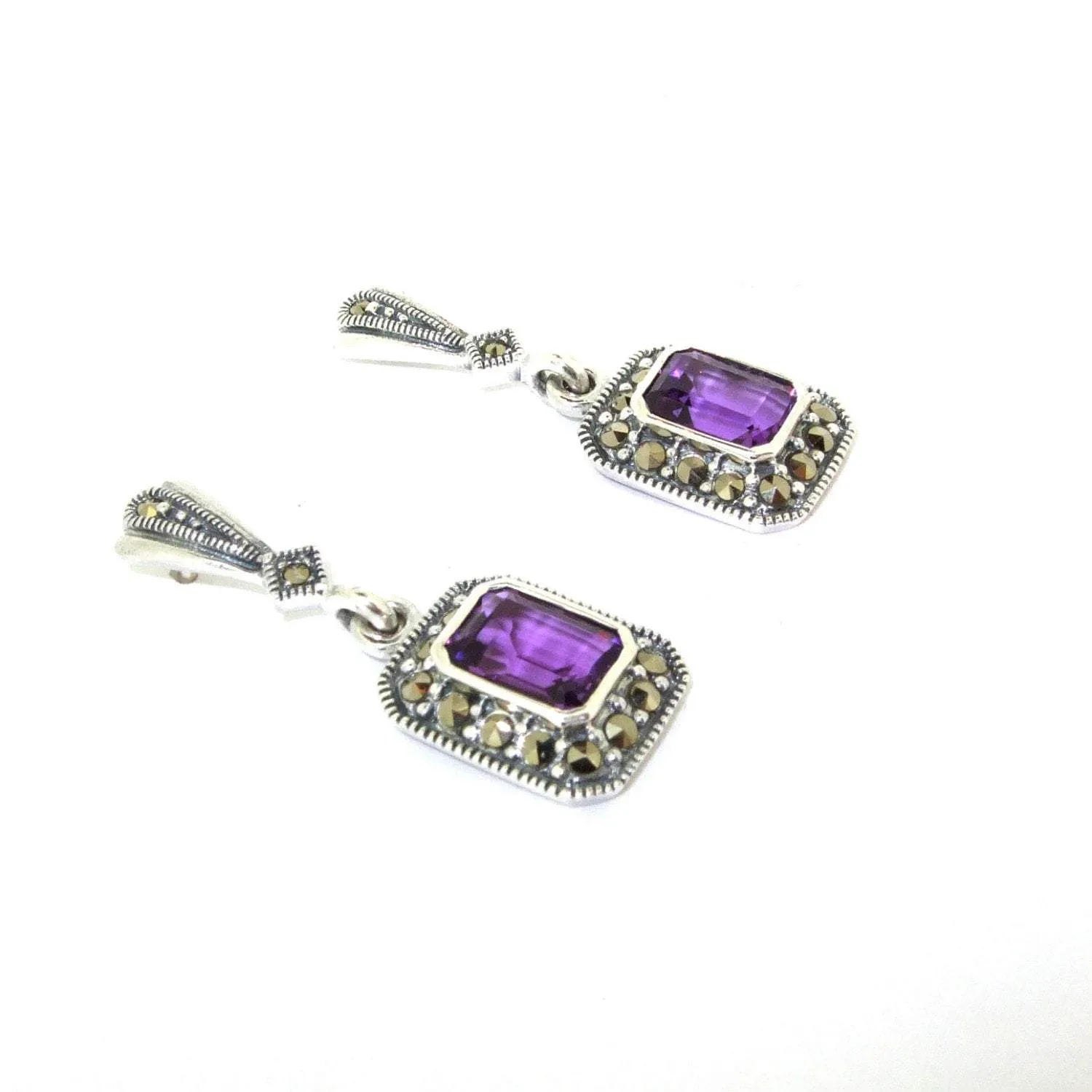 Art Deco Amethyst Earrings Silver Marcasite Square Purple Crystal