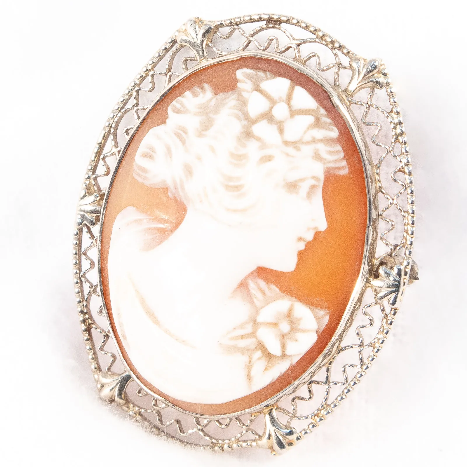 Art Deco Cameo Brooch of Woman with Flowers