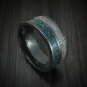 Black Titanium with Gibeon Meteorite and Opal Men's Ring Custom Made Band