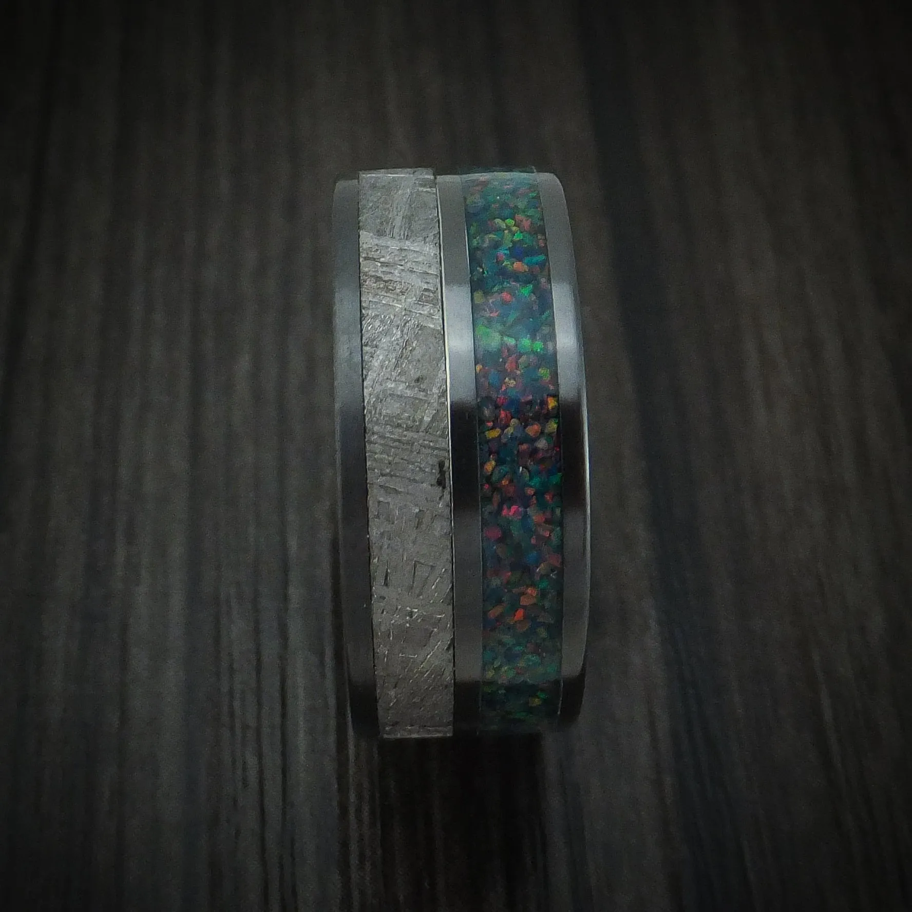 Black Titanium with Gibeon Meteorite and Opal Men's Ring Custom Made Band