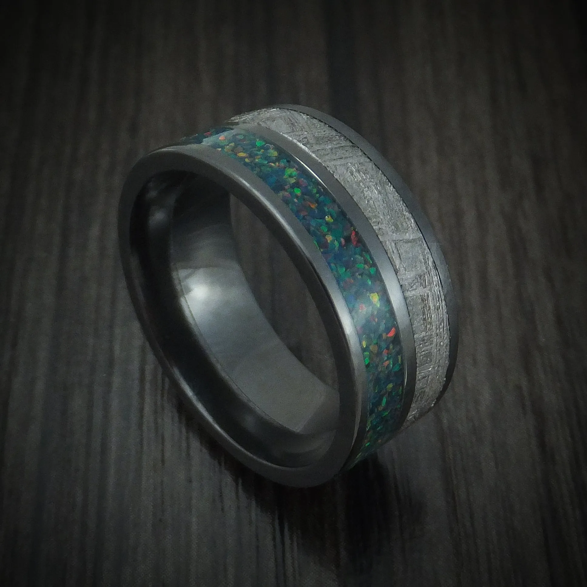 Black Titanium with Gibeon Meteorite and Opal Men's Ring Custom Made Band