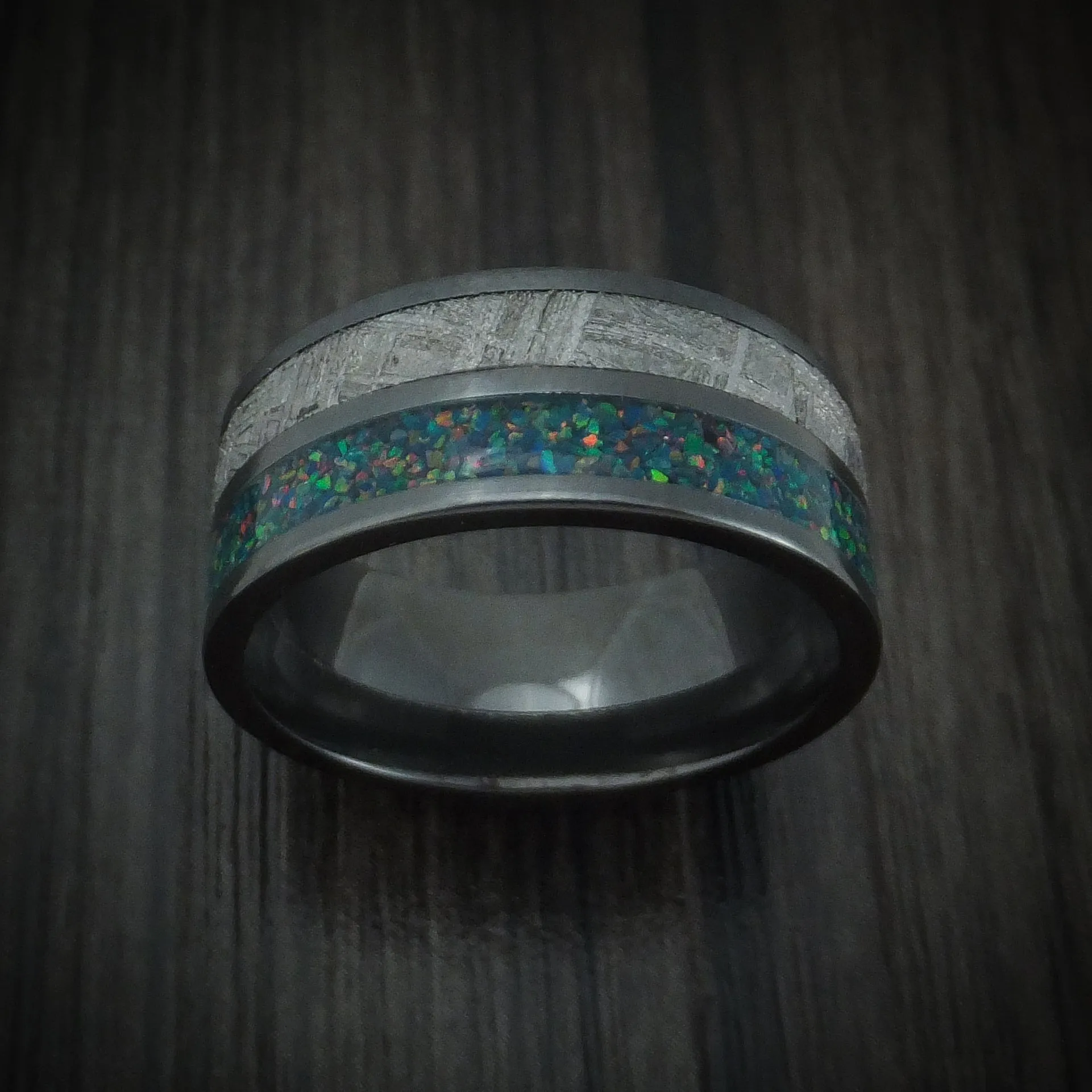 Black Titanium with Gibeon Meteorite and Opal Men's Ring Custom Made Band
