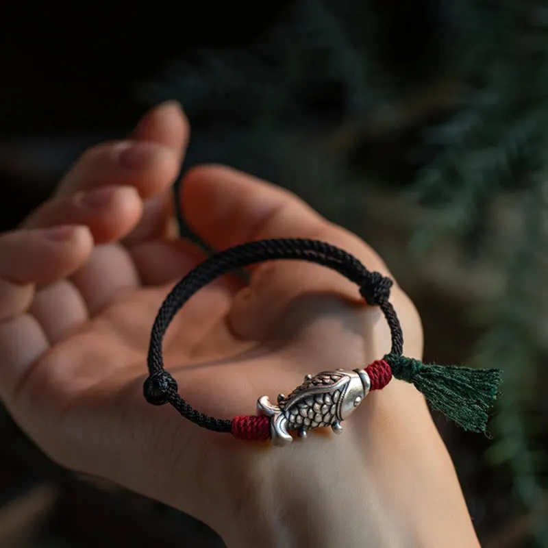 Buddha Stones 925 Sterling Silver Luck Koi Fish Braided Bracelet