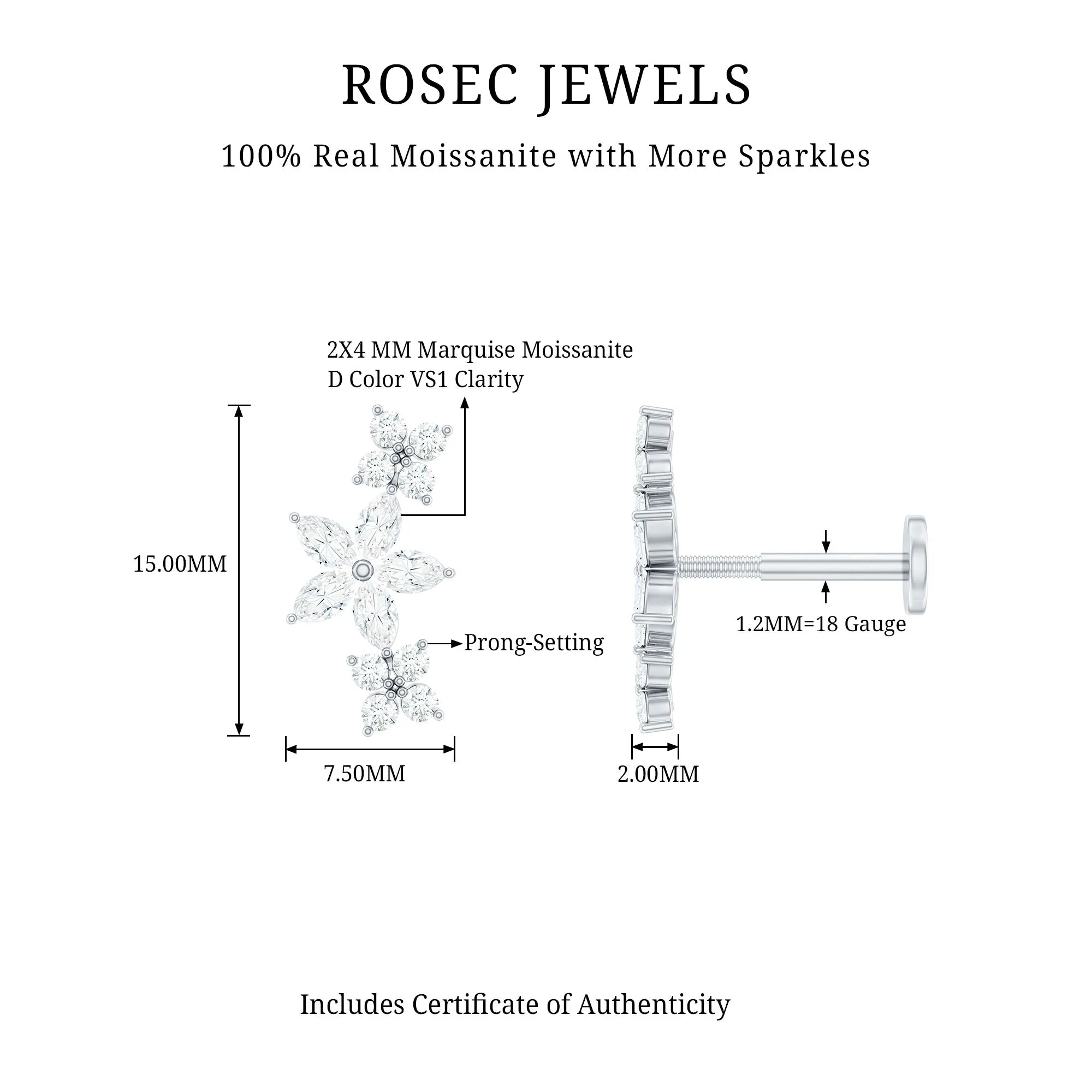 Certified Moissanite Flower Ear Crawler Earring