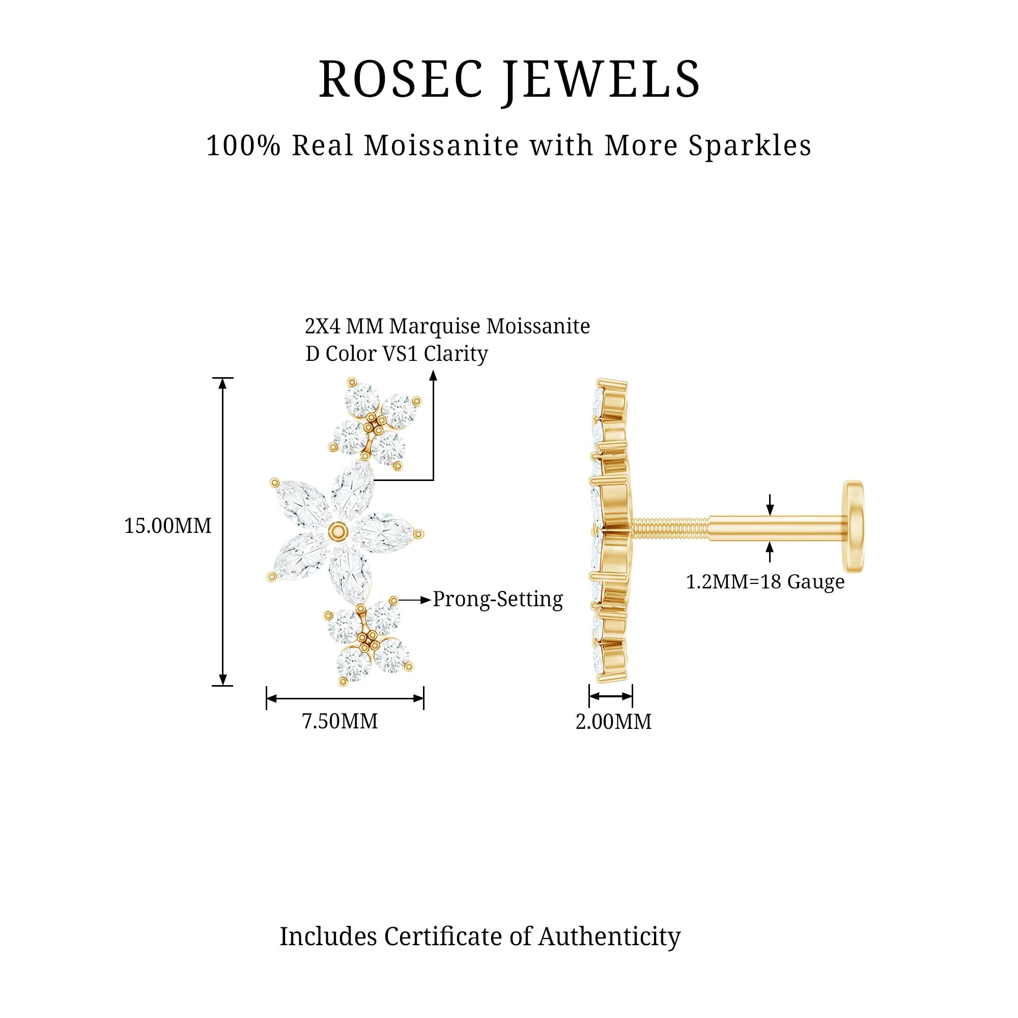 Certified Moissanite Flower Ear Crawler Earring