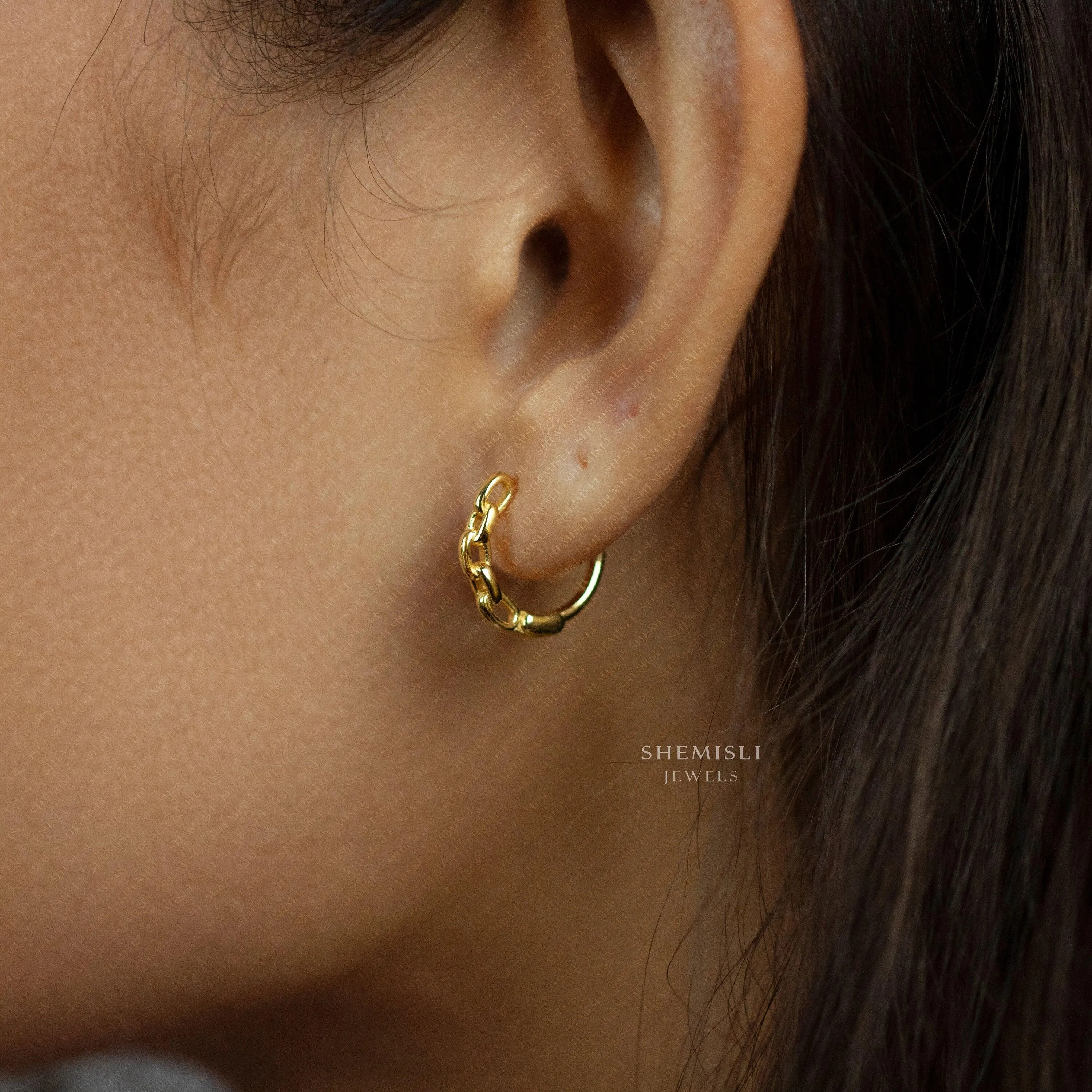 Chain Hoop Earrings, Huggies, Gold, Silver SHEMISLI SH078