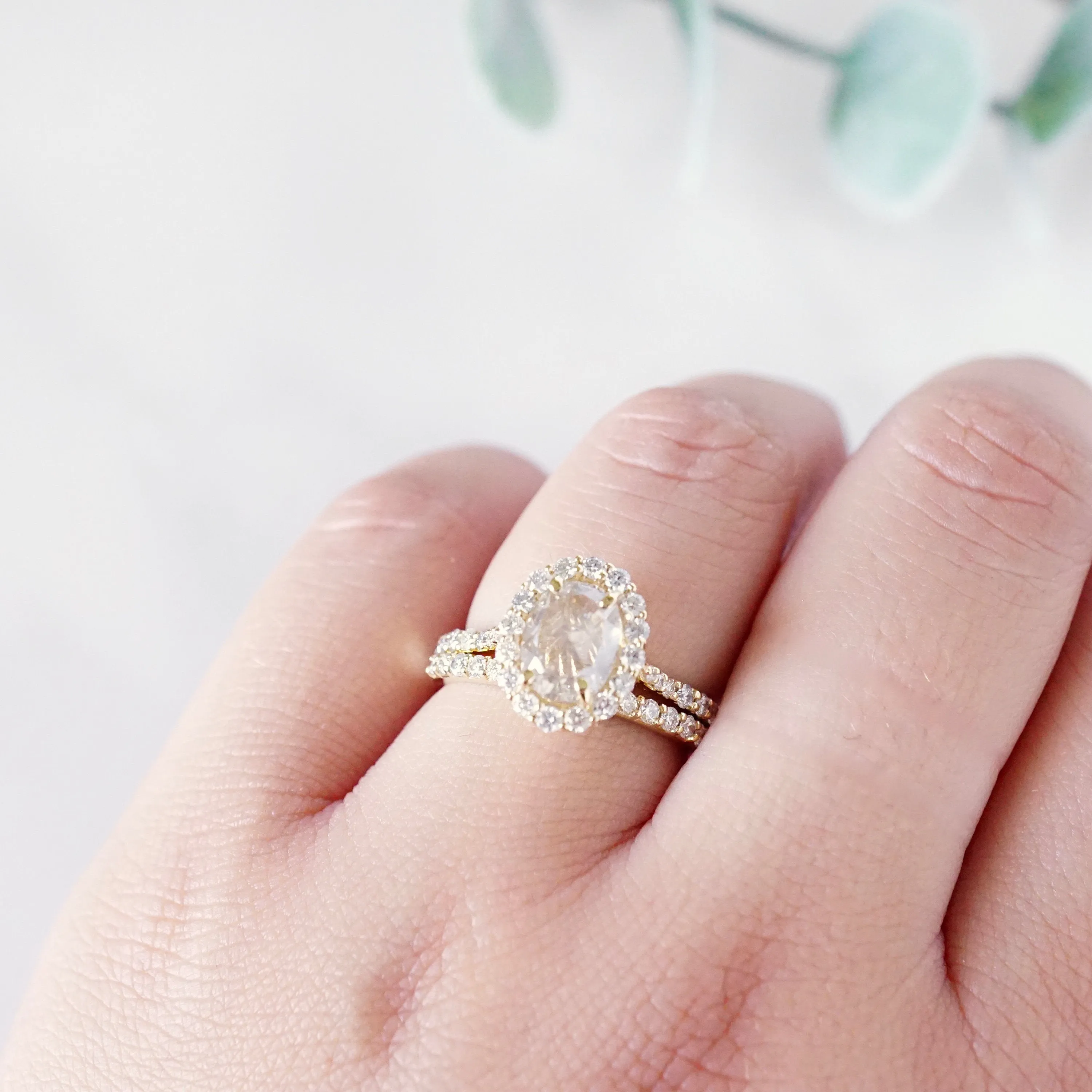 Champagne Oval Diamond Engagement Ring or Wedding Set, Oval Rose Cut Diamond Halo Ring