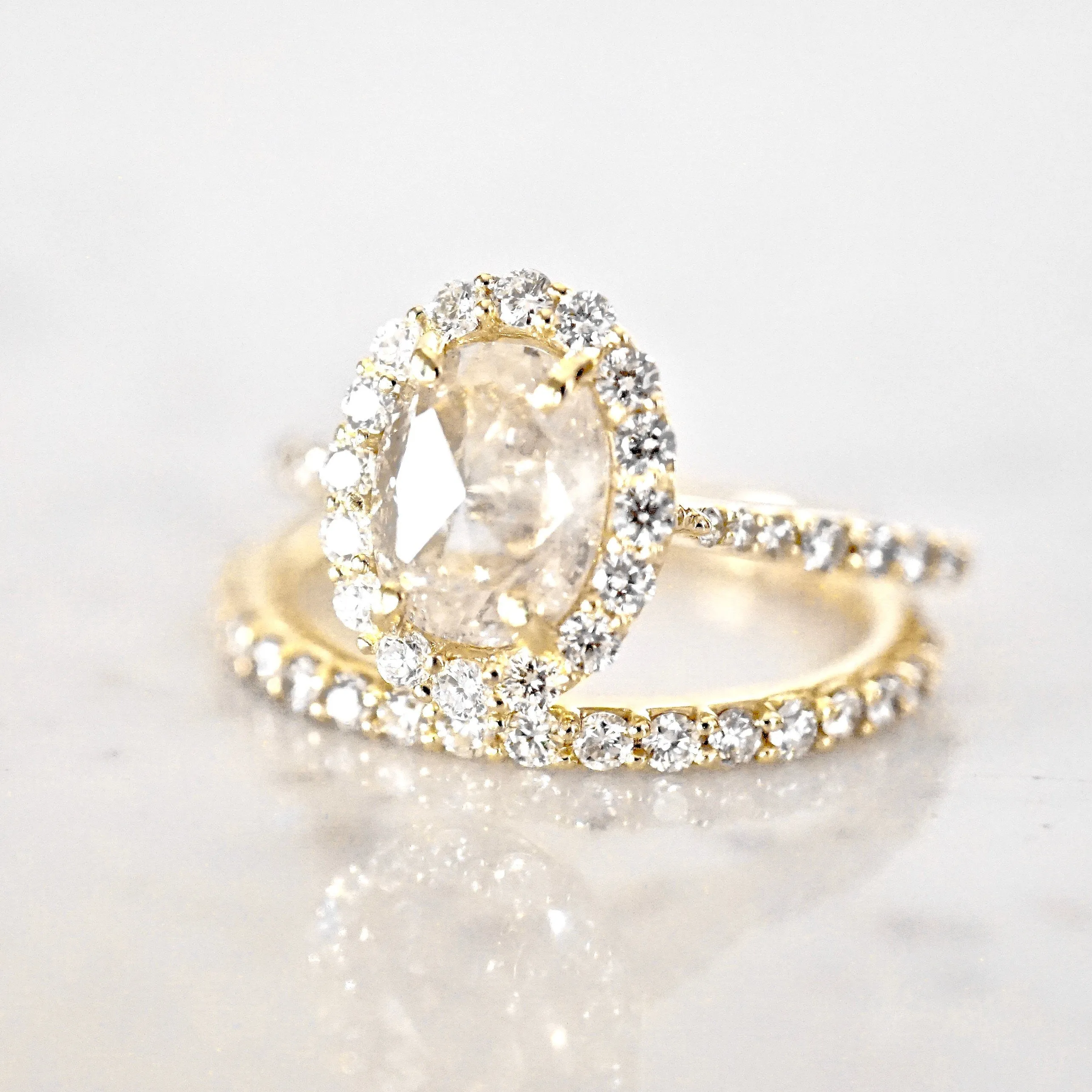 Champagne Oval Diamond Engagement Ring or Wedding Set, Oval Rose Cut Diamond Halo Ring