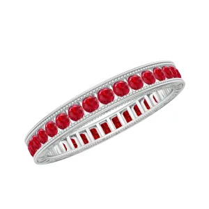 Channel Set Round Created Ruby Eternity Ring with Gold Beaded
