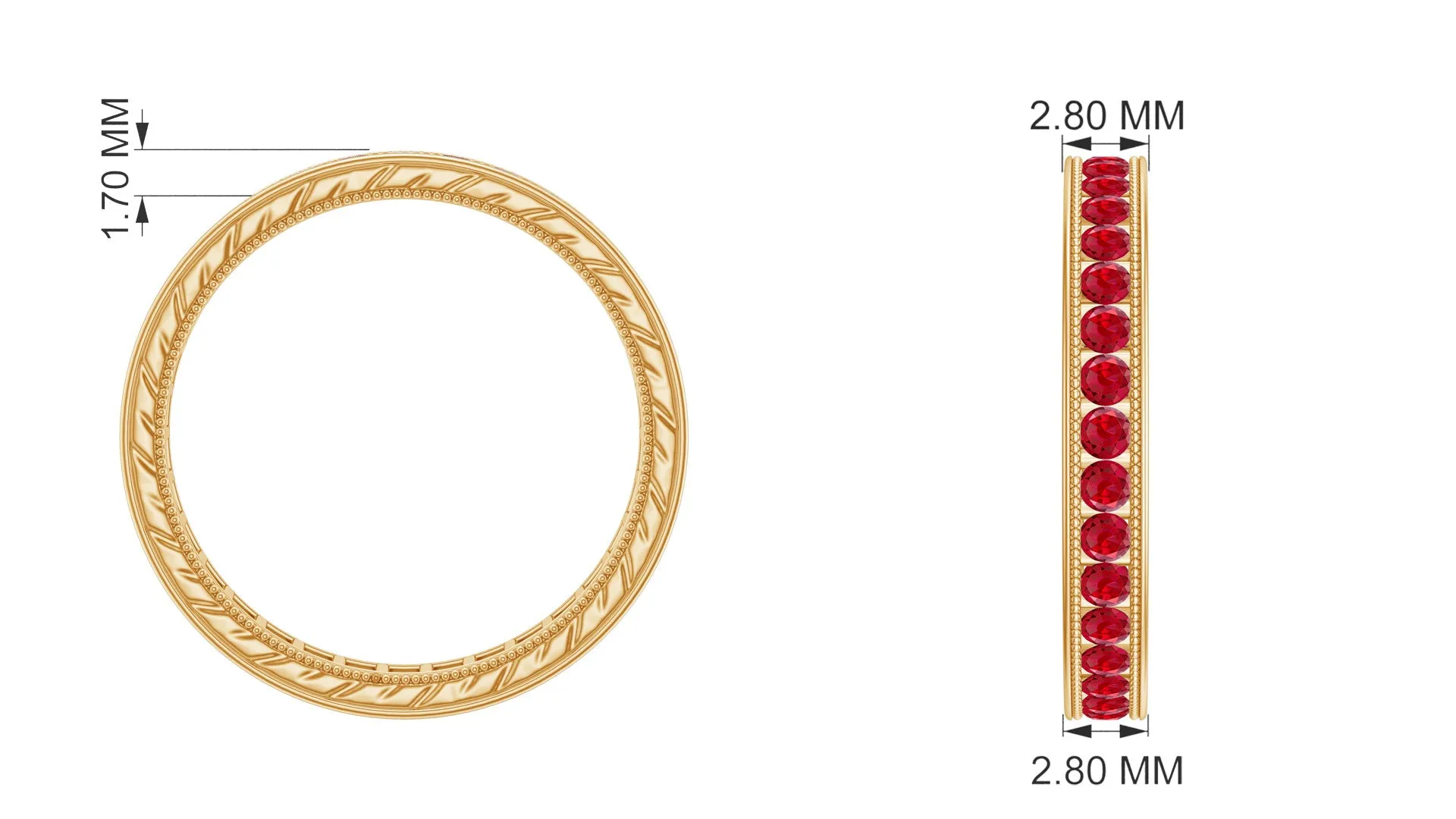 Channel Set Round Created Ruby Eternity Ring with Gold Beaded