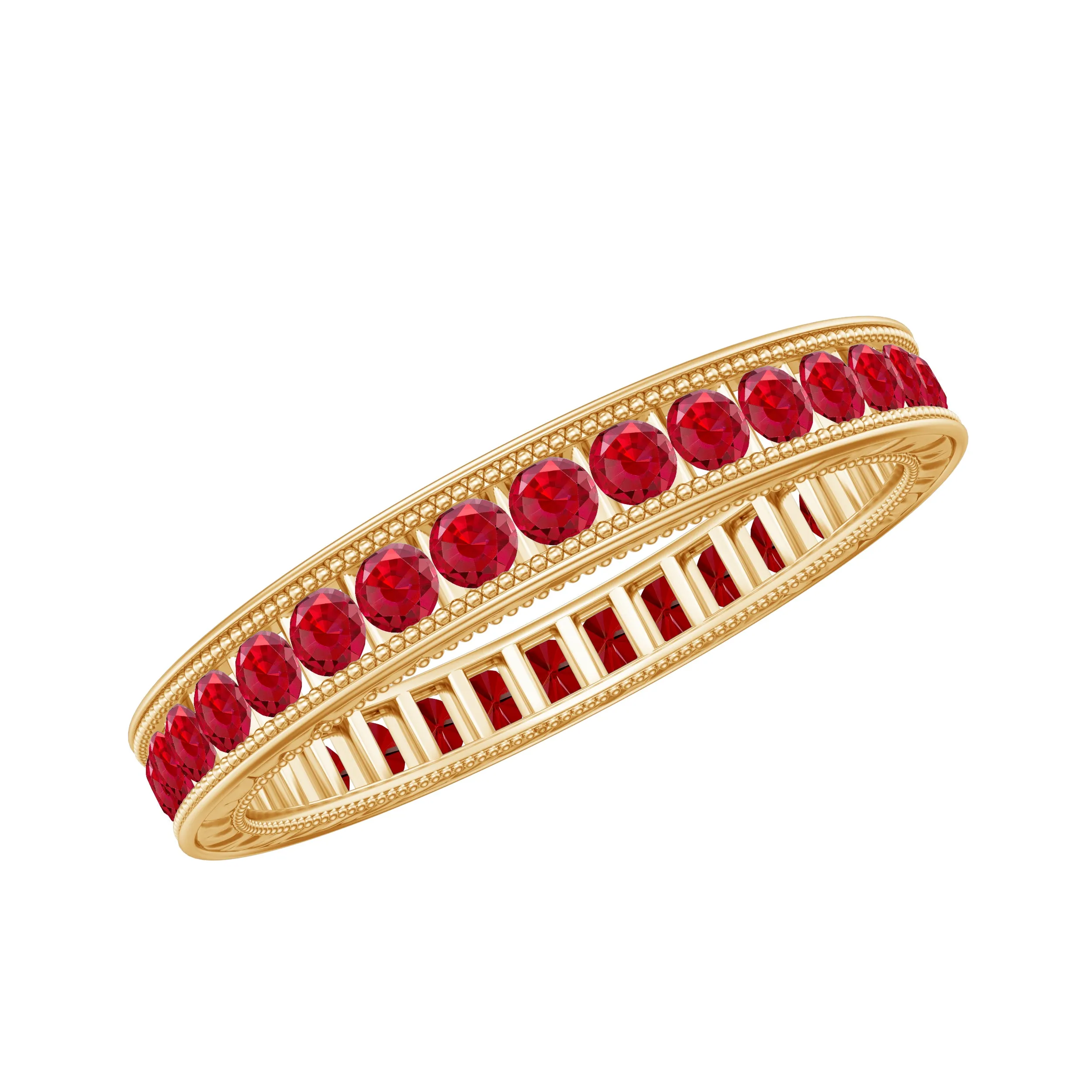 Channel Set Round Created Ruby Eternity Ring with Gold Beaded