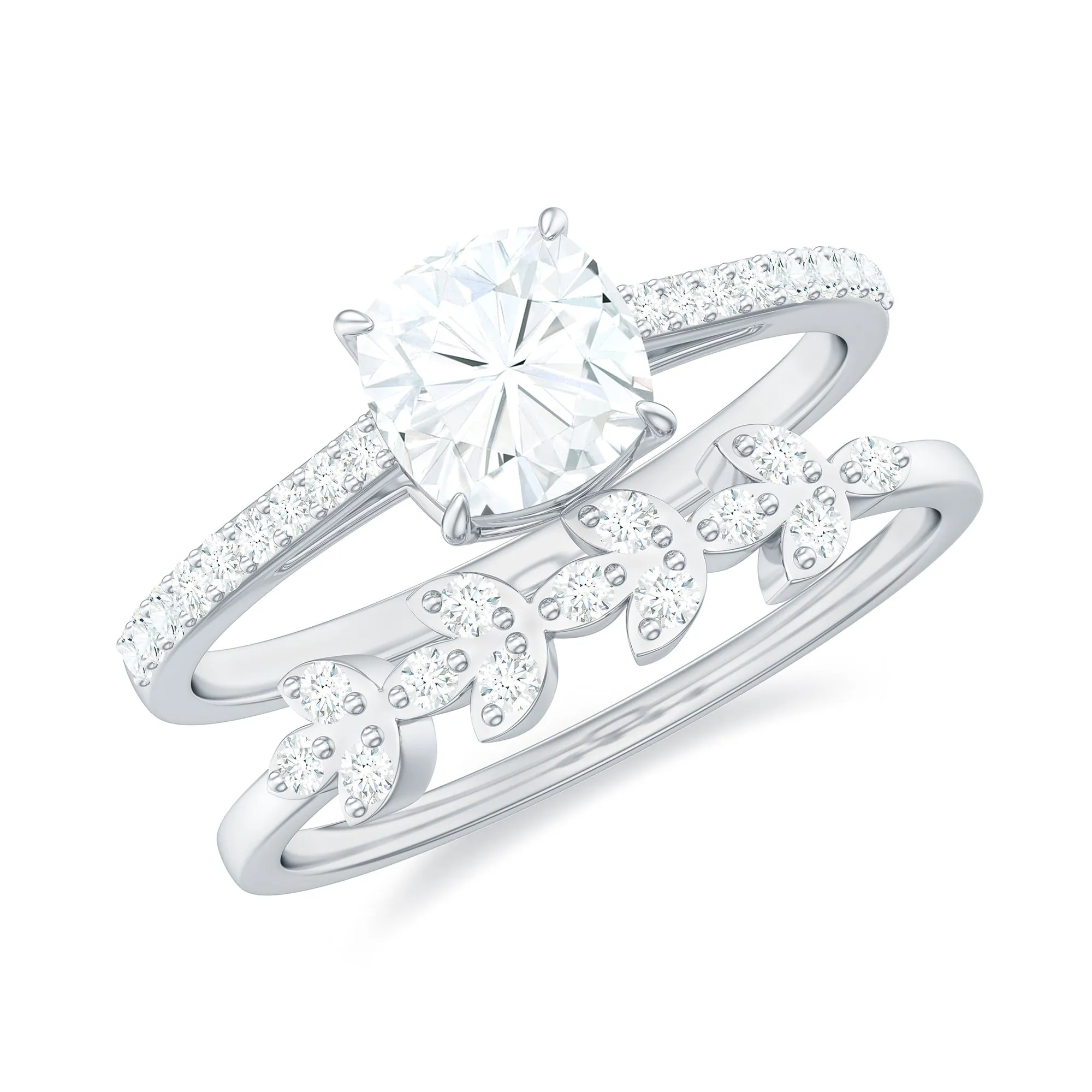 Claw Set Cushion Cut Moissanite Leaf Wedding Ring Set