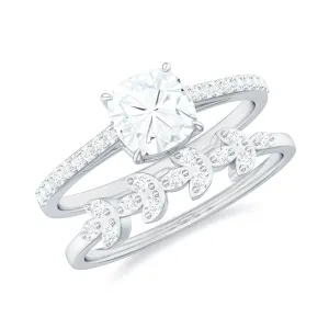 Claw Set Cushion Cut Moissanite Leaf Wedding Ring Set