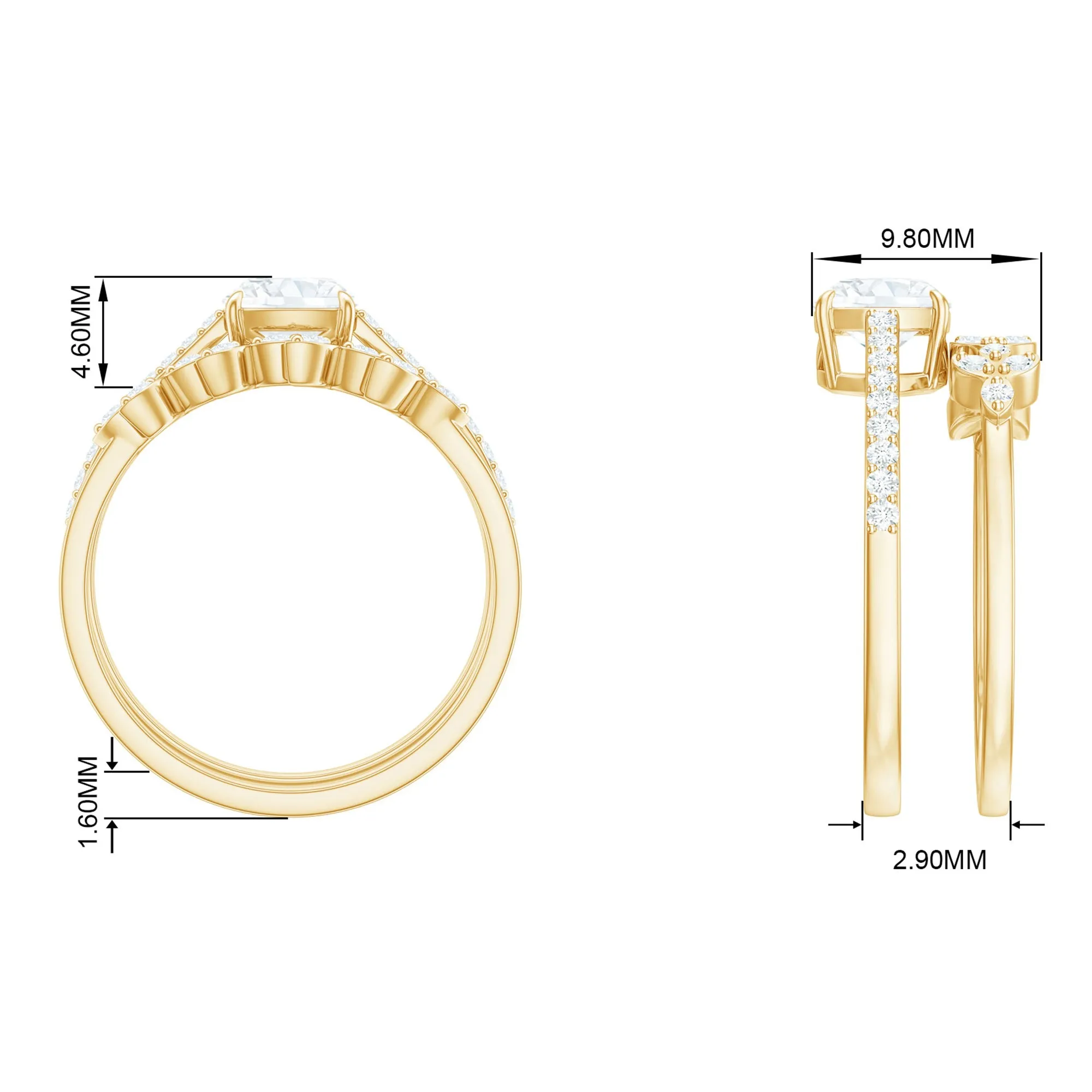 Claw Set Cushion Cut Moissanite Leaf Wedding Ring Set