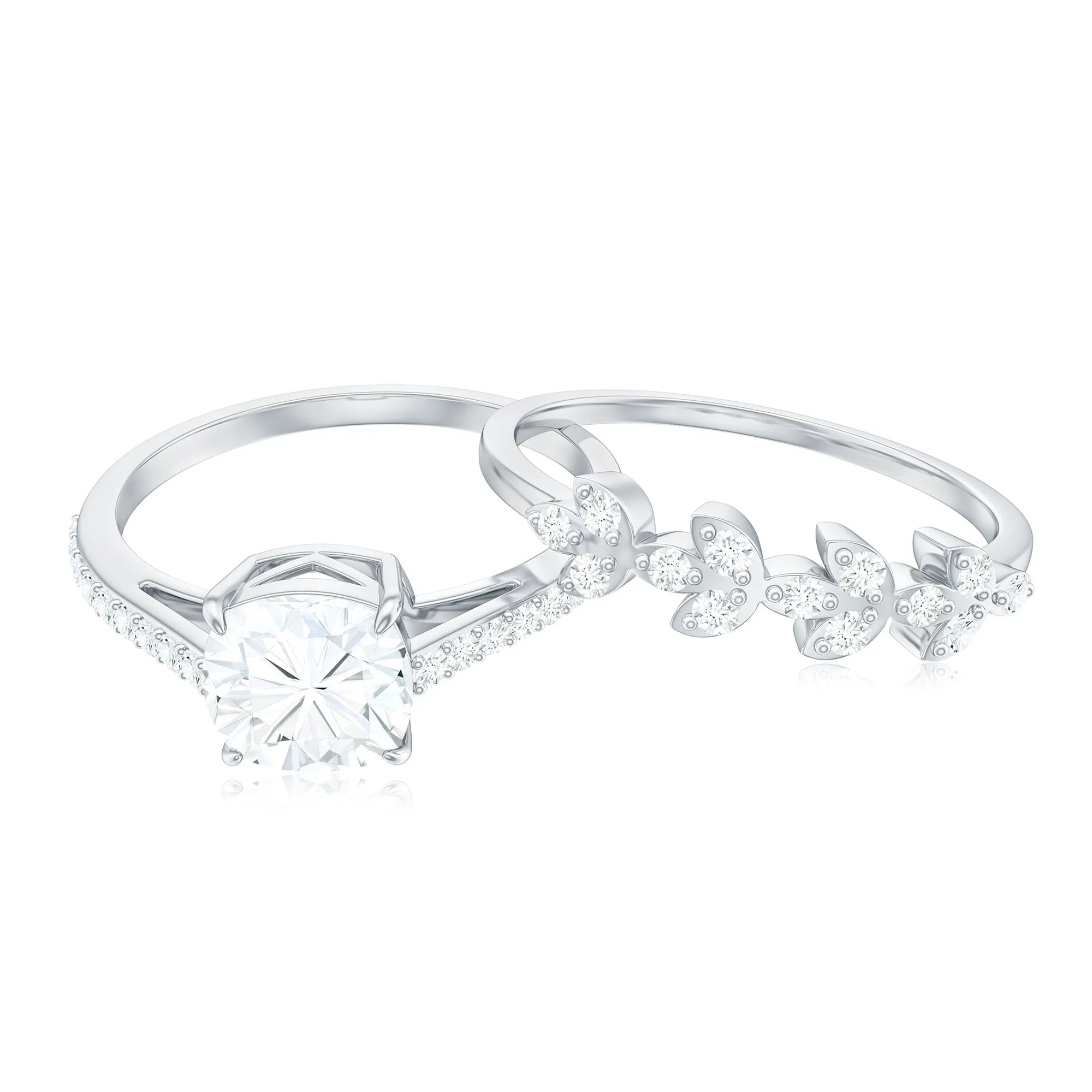 Claw Set Cushion Cut Moissanite Leaf Wedding Ring Set