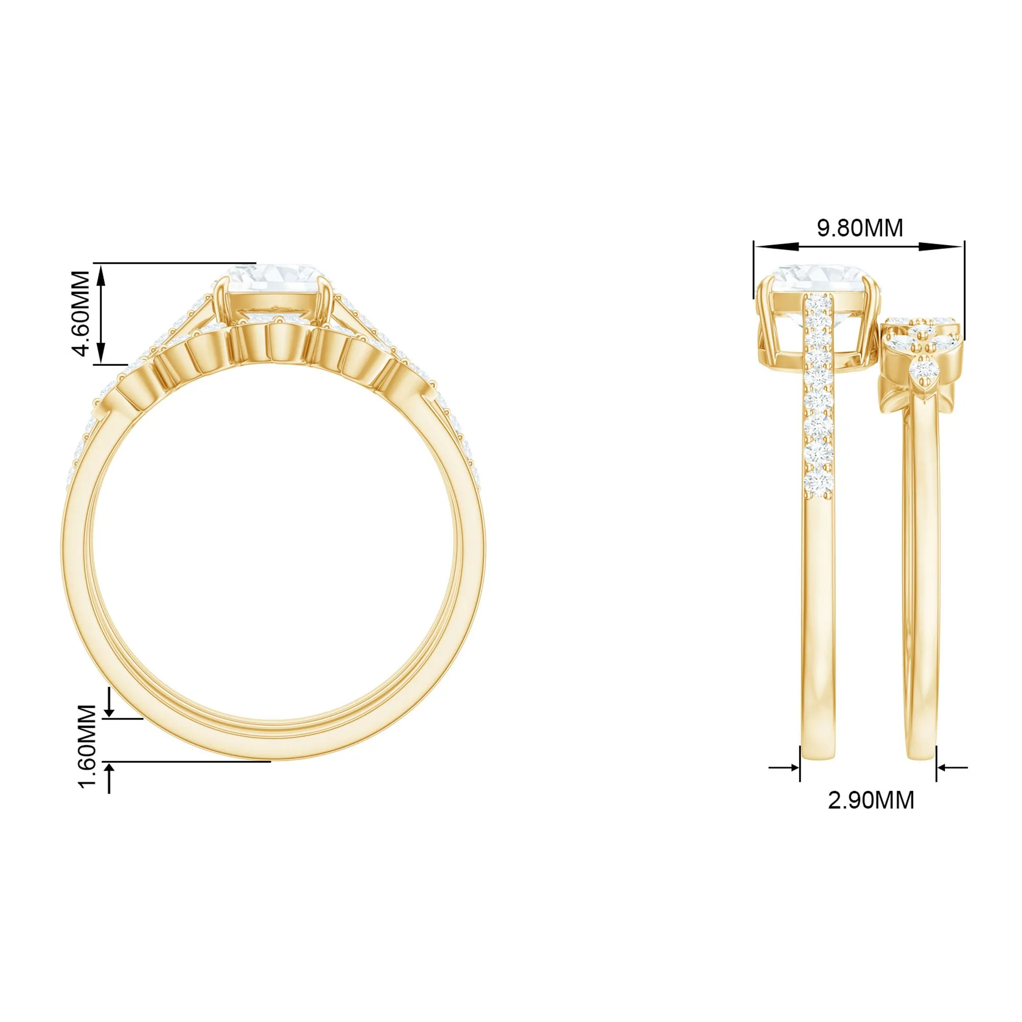 Claw Set Cushion Cut Moissanite Leaf Wedding Ring Set