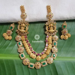 Coin Style Temple Necklace With Ruby Semi Precious Stone Embellishment