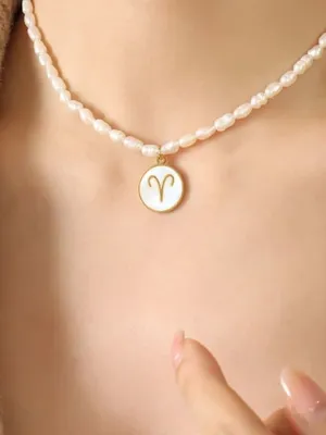 Constellation Charm Pearl Necklace, 18K Gold Plated Freshwater Pearl Fashion Luxury Necklace