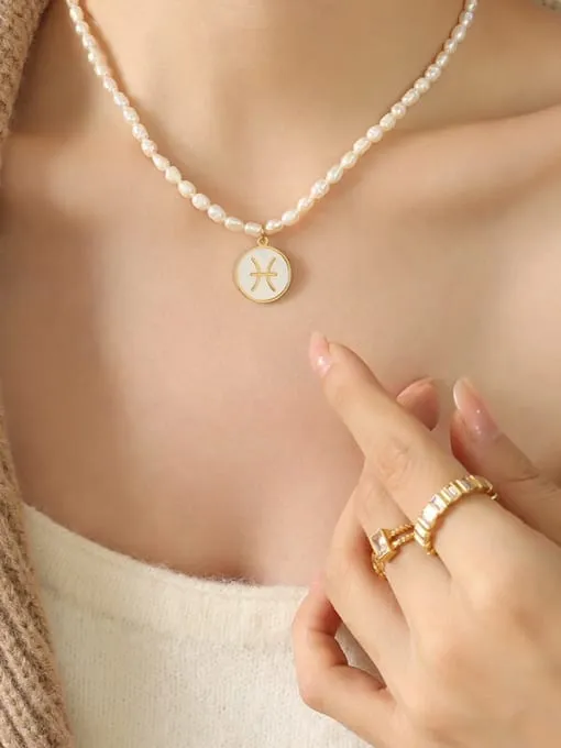 Constellation Charm Pearl Necklace, 18K Gold Plated Freshwater Pearl Fashion Luxury Necklace
