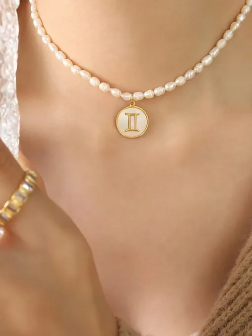 Constellation Charm Pearl Necklace, 18K Gold Plated Freshwater Pearl Fashion Luxury Necklace