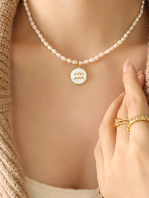 Constellation Charm Pearl Necklace, 18K Gold Plated Freshwater Pearl Fashion Luxury Necklace