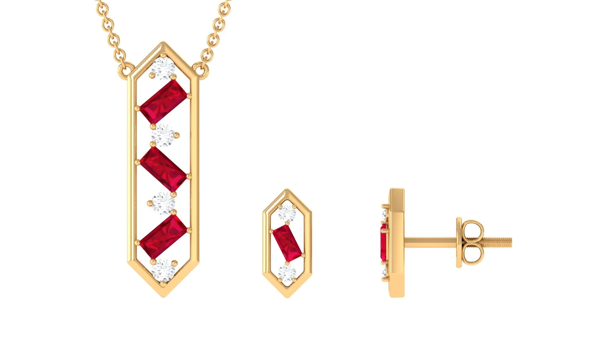 Contemporary Created Ruby and Diamond Dangle Jewelry Set
