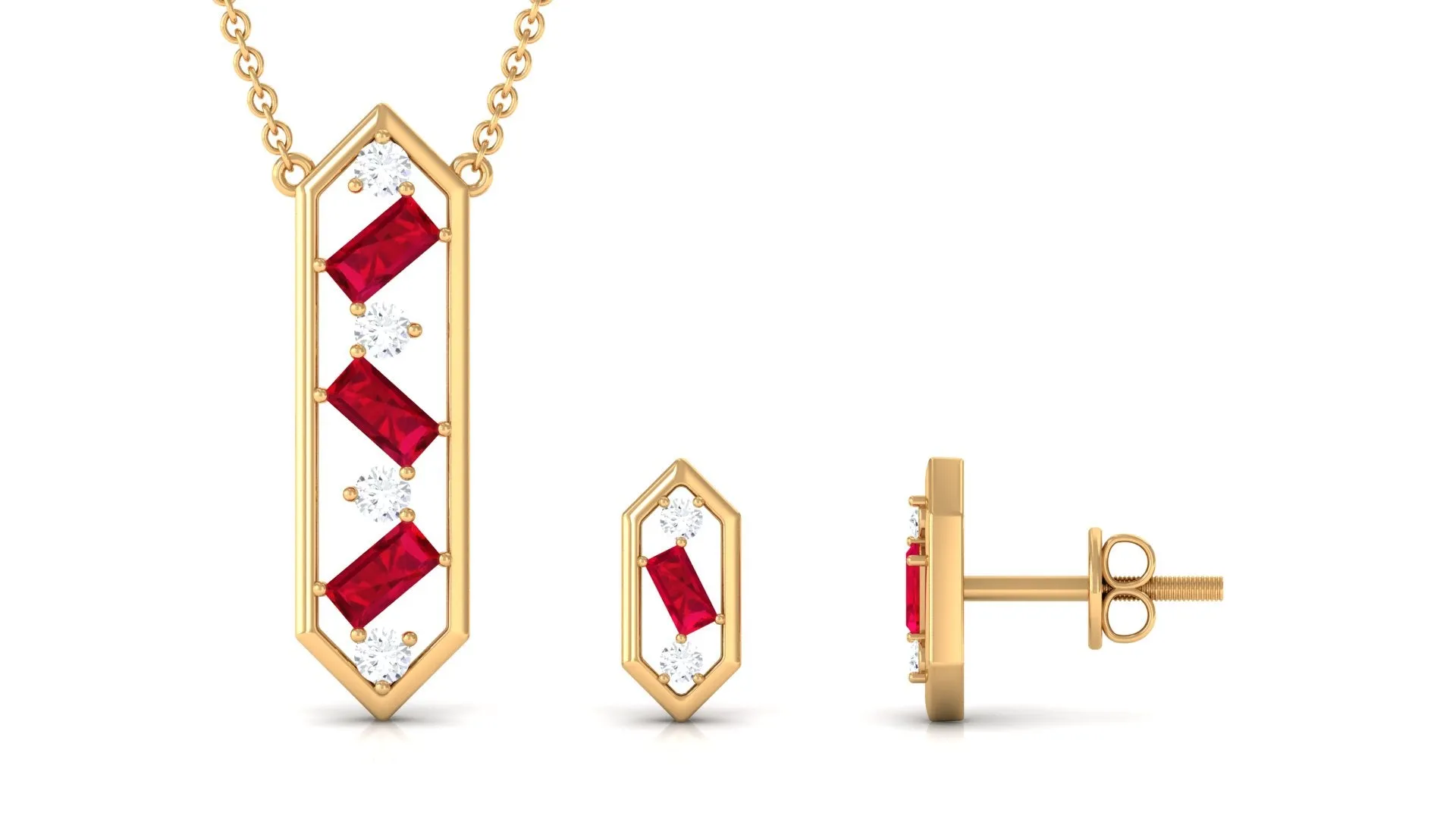 Contemporary Created Ruby and Diamond Dangle Jewelry Set