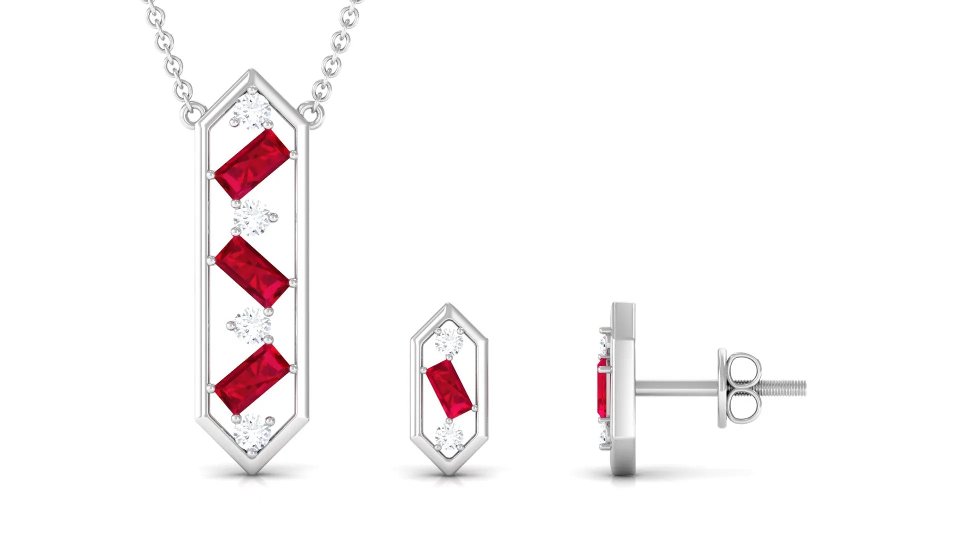 Contemporary Created Ruby and Diamond Dangle Jewelry Set