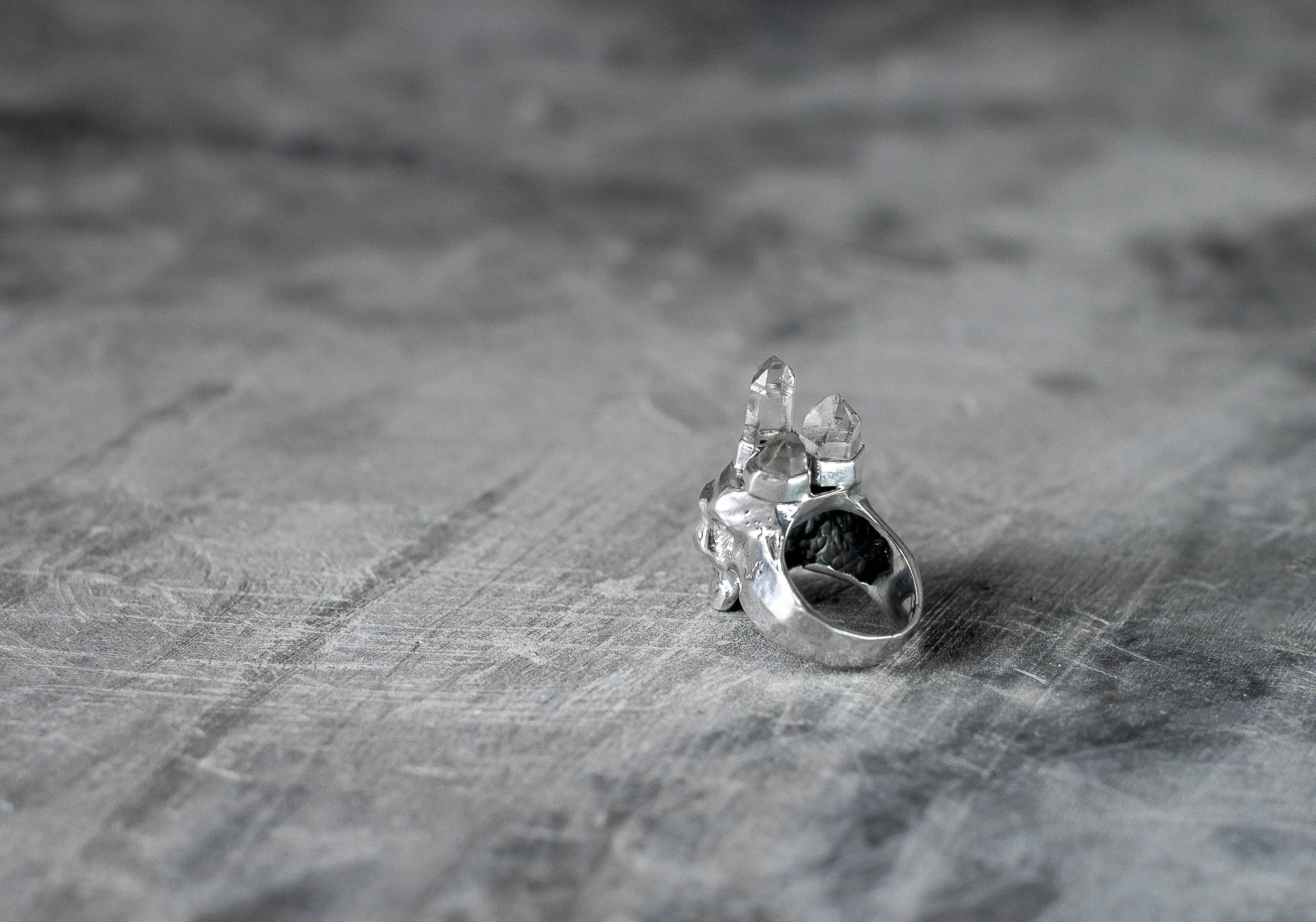 Crystal or Tourmaline Crowned Skull Ring in Solid Silver with Topaz Eyes