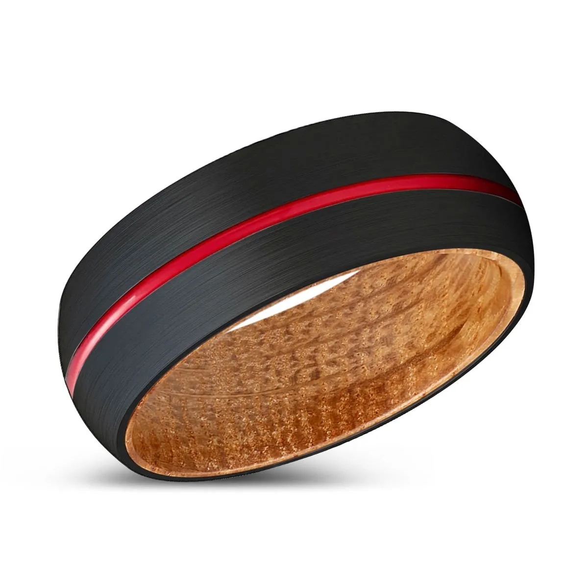 DARTH | Whiskey Barrel Wood, Black Tungsten Ring, Red Groove, Domed