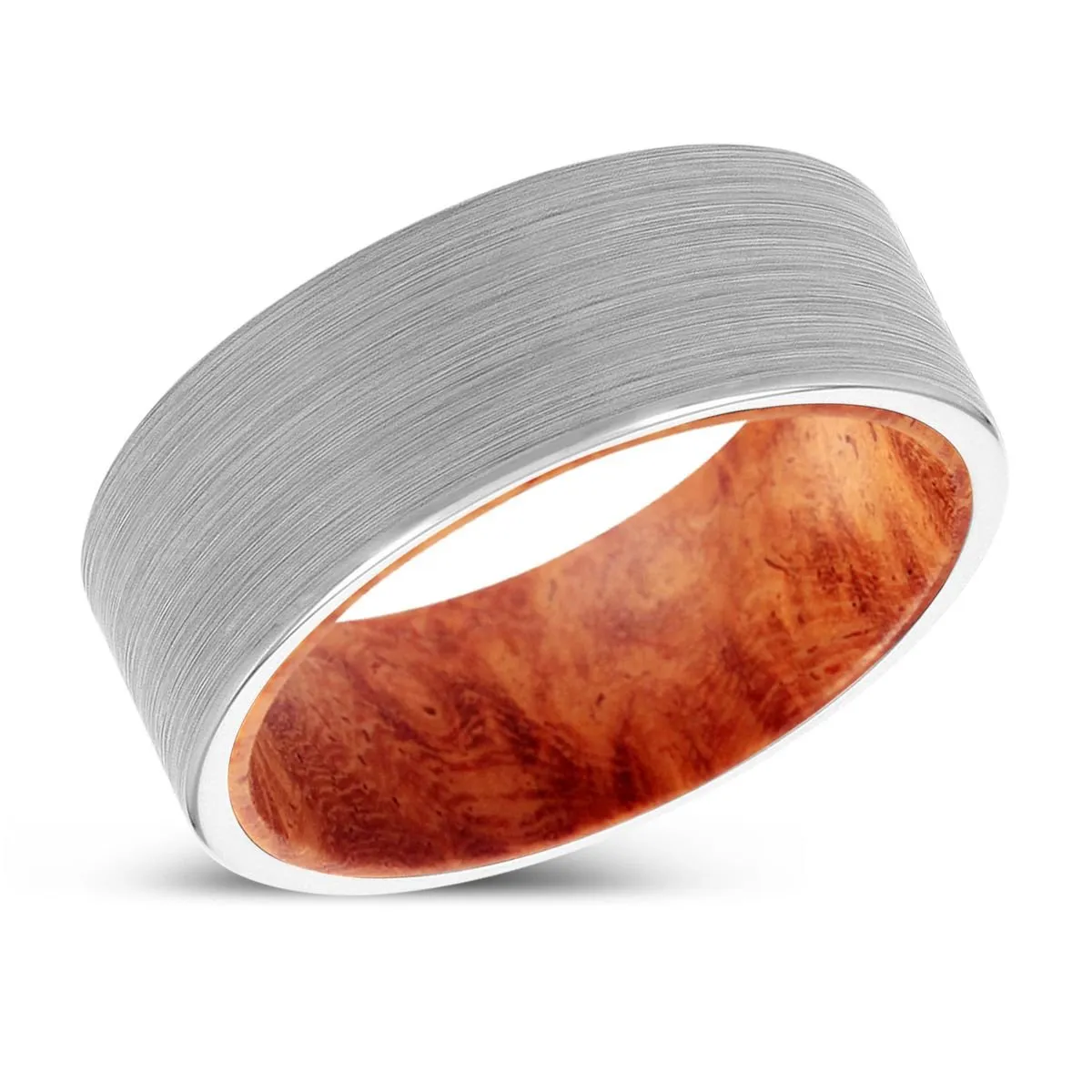 DAWOOD | Red Burl Wood, White Tungsten Ring, Brushed, Flat
