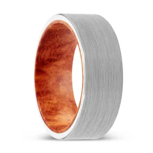 DAWOOD | Red Burl Wood, White Tungsten Ring, Brushed, Flat
