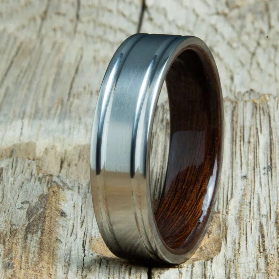 Double grooved satin titanium and Rosewood ring