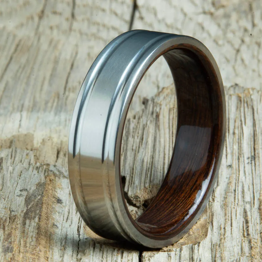 Double grooved satin titanium and Rosewood ring